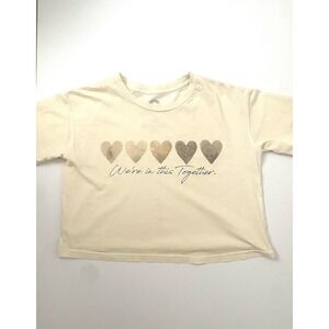 Y2K  XS Cropped Short Sleeve Beige Shirt hearts we're in this together Cause